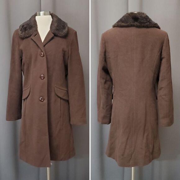 Vintage 90s y2k Esprit Chocolate Brown Wool Blend Faux Fur Midi Trench Coat Md - Picture 1 of 7
